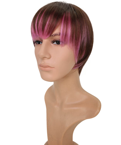 Wigs2you C-135 男性用ブラウンピンクショートコスプレウィッグ – 11インチ合成毛、大胆なピンクのハイライト入り
