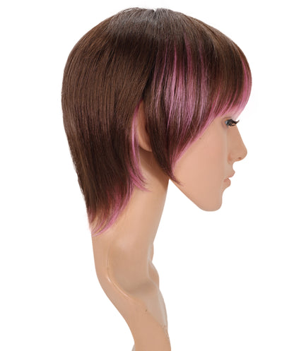 Wigs2you C-135 男性用ブラウンピンクショートコスプレウィッグ – 11インチ合成毛、大胆なピンクのハイライト入り
