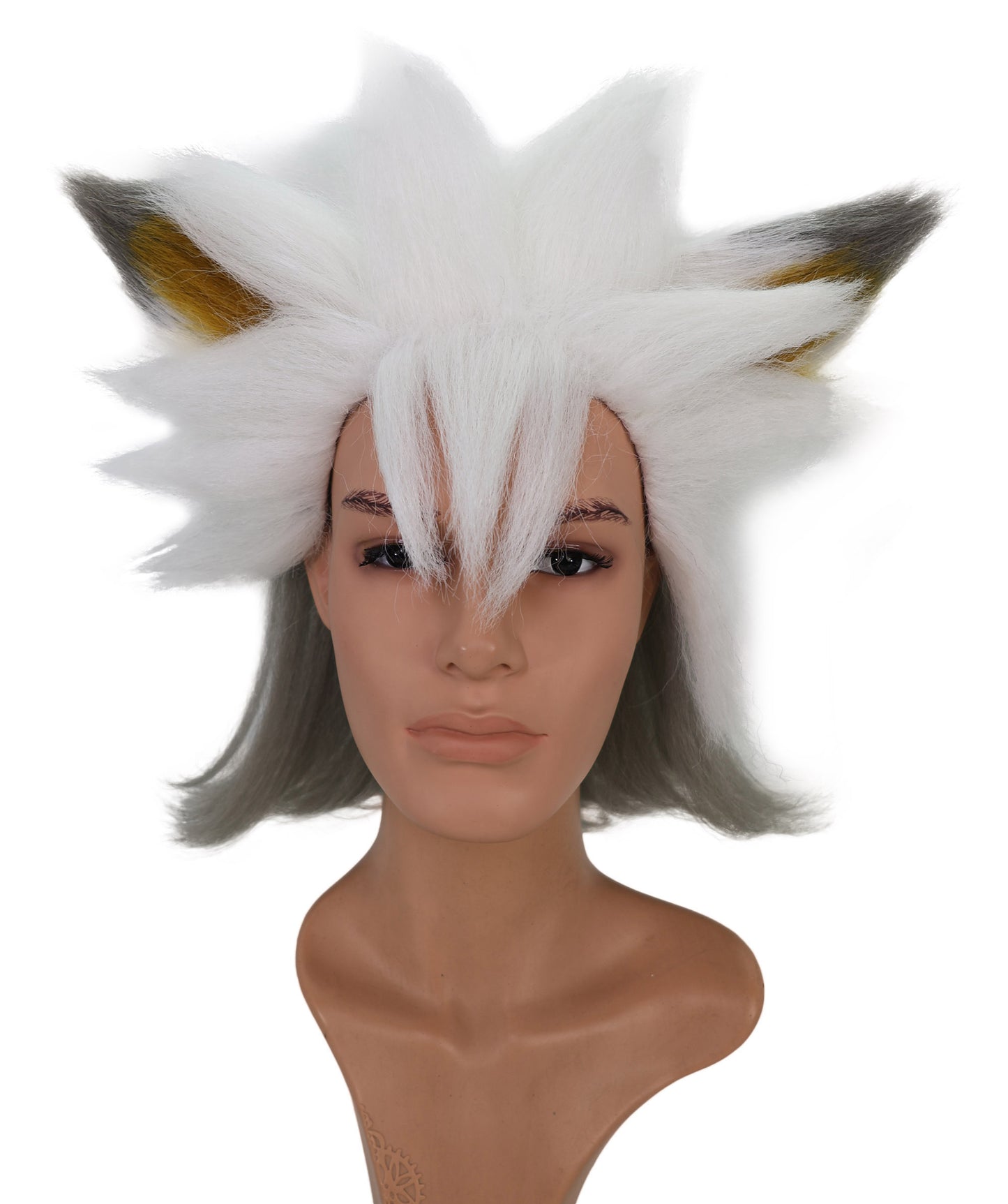 Wigs2you C-136 肩までの長さの白いウィッグ（耳付き）—コスプレやアニメキャラクターに最適な耐熱合成毛｜ふわふわでボリュームのあるウィッグ