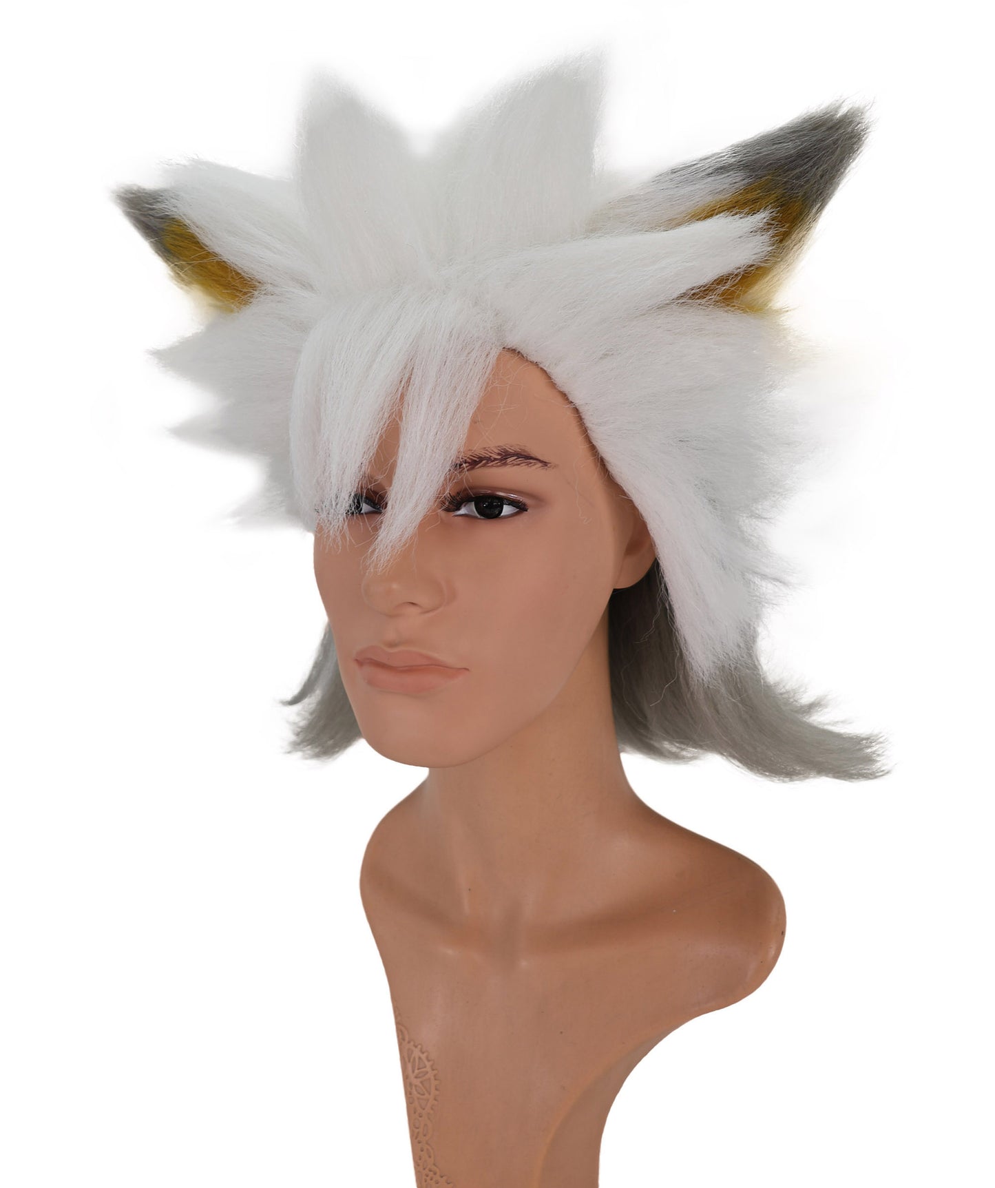 Wigs2you C-136 肩までの長さの白いウィッグ（耳付き）—コスプレやアニメキャラクターに最適な耐熱合成毛｜ふわふわでボリュームのあるウィッグ