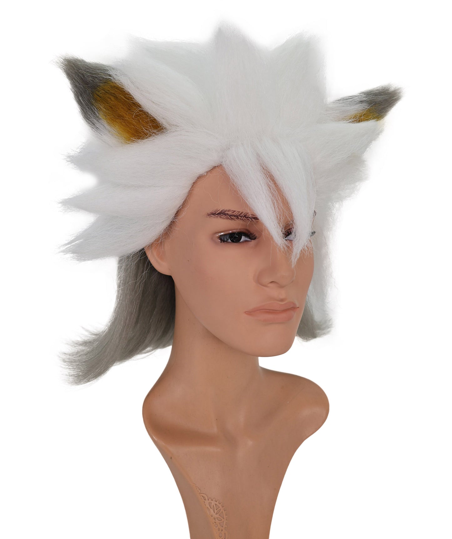 Wigs2you C-136 肩までの長さの白いウィッグ（耳付き）—コスプレやアニメキャラクターに最適な耐熱合成毛｜ふわふわでボリュームのあるウィッグ