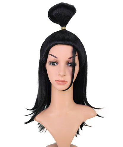 Wigs2you C-139 女性用23インチ ウォリアーバンウィッグ ブラック 難燃性合成毛 トップノット付き 調節可能なキャップレスフィット