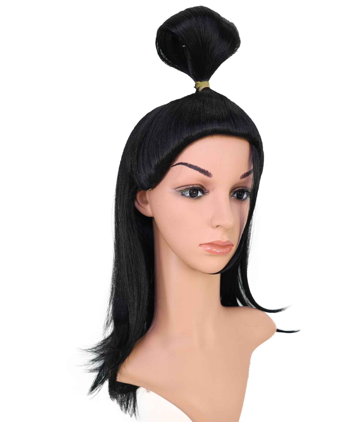 Wigs2you C-139 女性用23インチ ウォリアーバンウィッグ ブラック 難燃性合成毛 トップノット付き 調節可能なキャップレスフィット