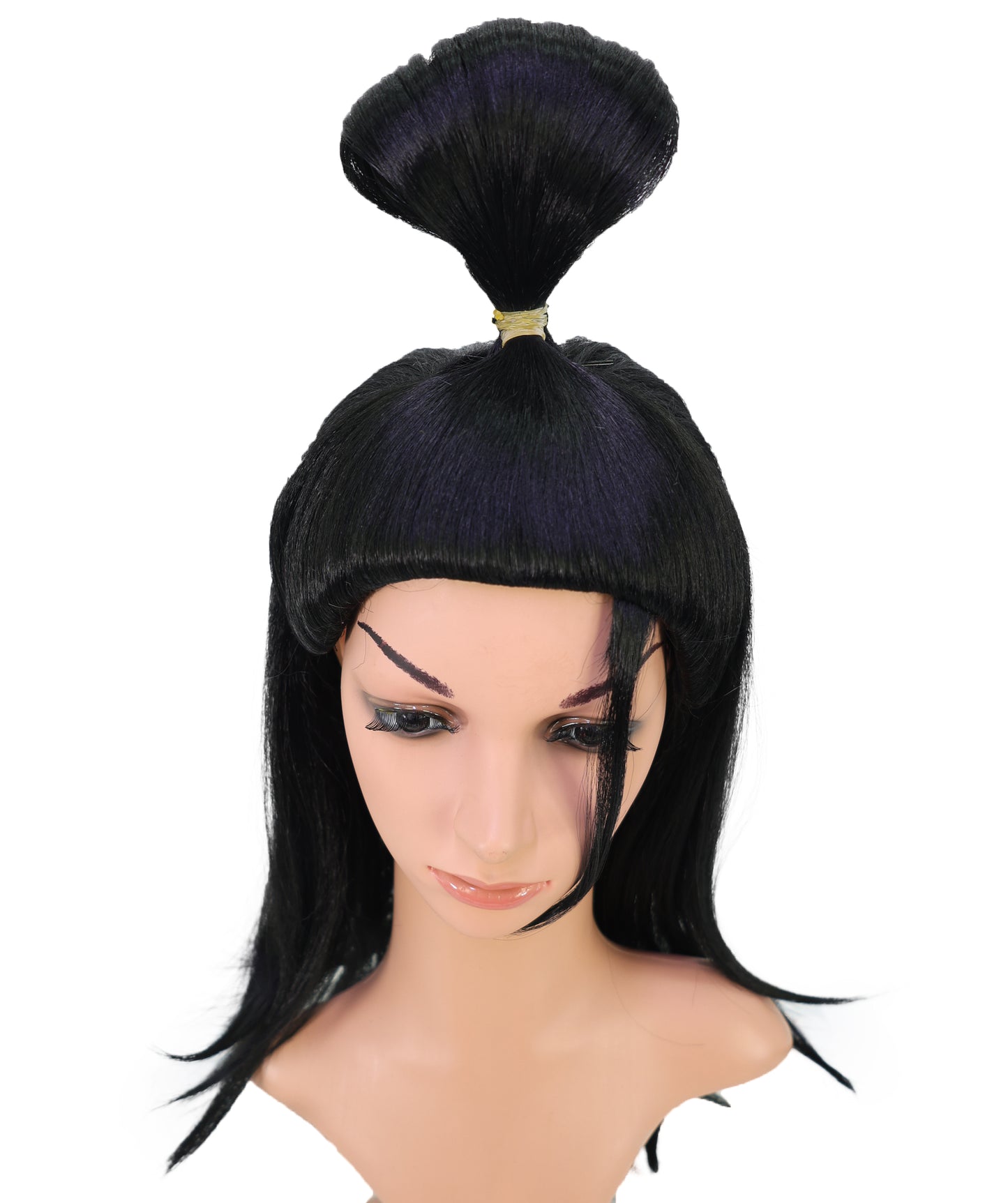 Wigs2you C-139 女性用23インチ ウォリアーバンウィッグ ブラック 難燃性合成毛 トップノット付き 調節可能なキャップレスフィット