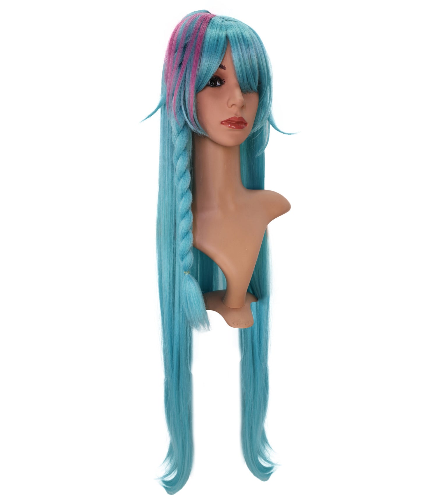 Wigs2you C-172 コスプレウィッグ レディース アクアブルー＆ピンク ロング ストレート 35インチ フルウィッグ 耐熱ファイバー ツートンカラー アニメ風 ハロウィン 仮装 イベント パーティー