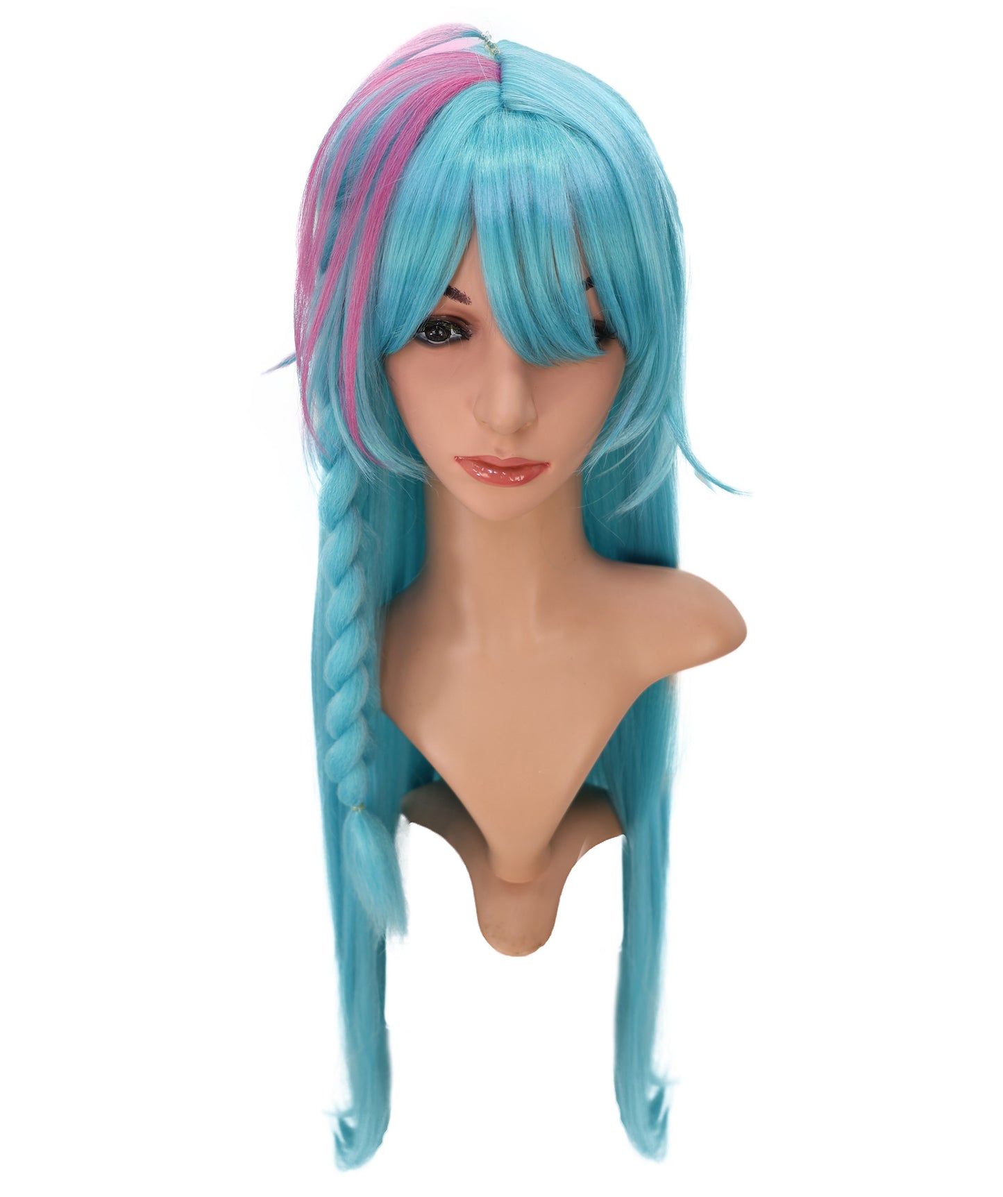 Wigs2you C-172 コスプレウィッグ レディース アクアブルー＆ピンク ロング ストレート 35インチ フルウィッグ 耐熱ファイバー ツートンカラー アニメ風 ハロウィン 仮装 イベント パーティー