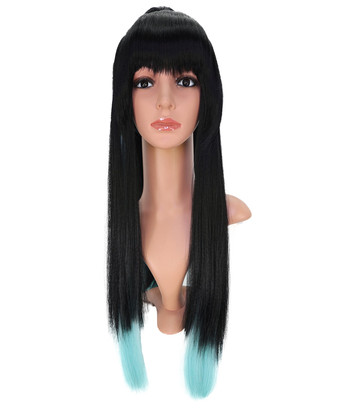 Wigs2you C-176 コスプレウィッグ レディース ブラック＆ミントブルー ポニーテール ロング 27インチ フルウィッグ 耐熱ファイバー キャップレス アニメ風 ハロウィン 仮装 イベント パーティー