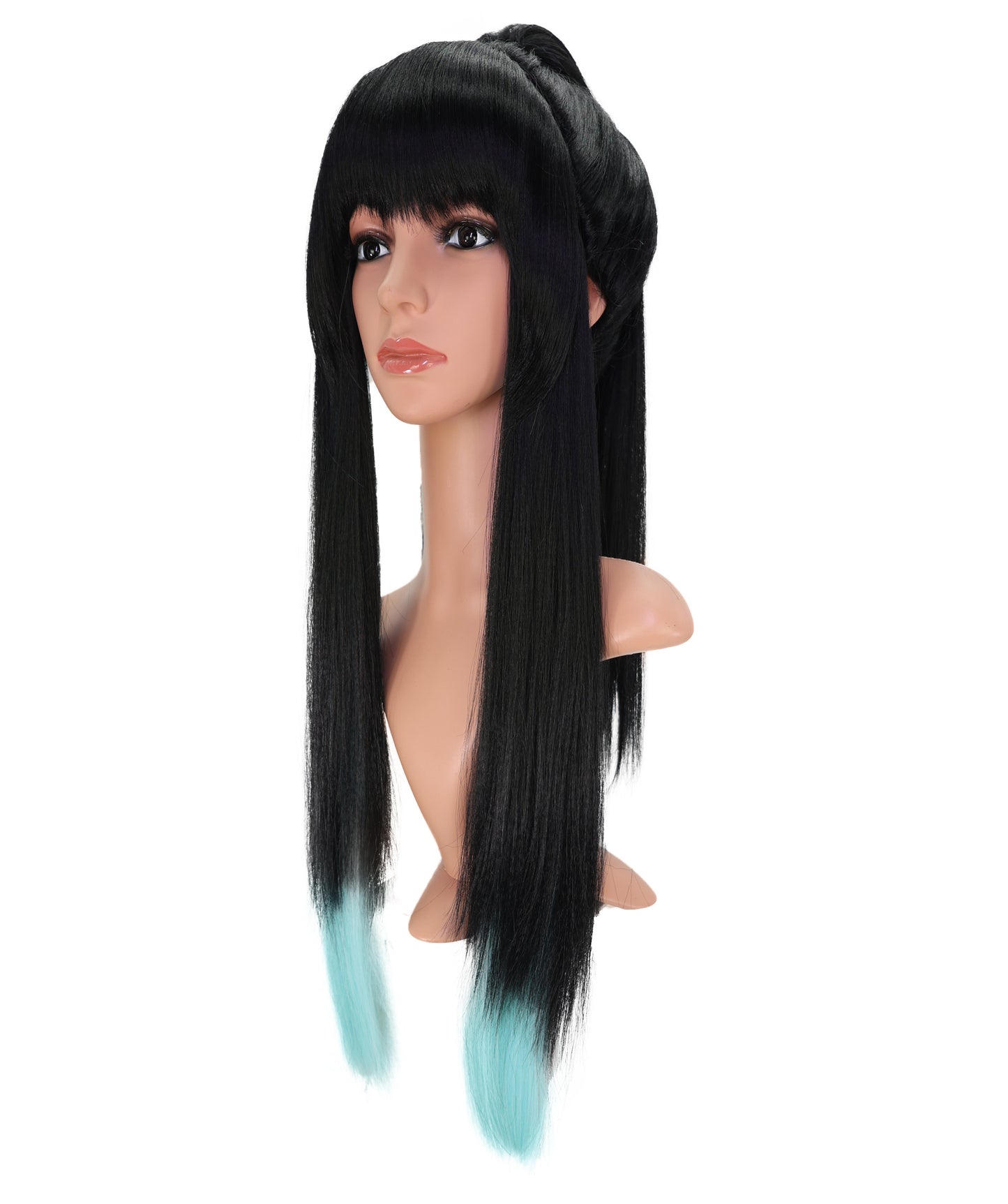 Wigs2you C-176 コスプレウィッグ レディース ブラック＆ミントブルー ポニーテール ロング 27インチ フルウィッグ 耐熱ファイバー キャップレス アニメ風 ハロウィン 仮装 イベント パーティー