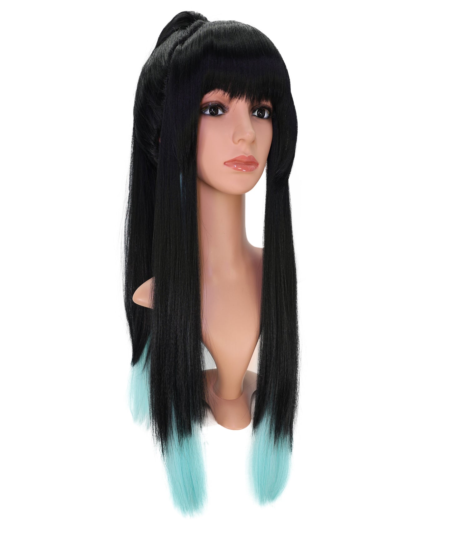 Wigs2you C-176 コスプレウィッグ レディース ブラック＆ミントブルー ポニーテール ロング 27インチ フルウィッグ 耐熱ファイバー キャップレス アニメ風 ハロウィン 仮装 イベント パーティー