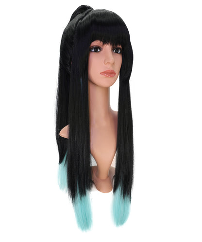 Wigs2you C-176 コスプレウィッグ レディース ブラック＆ミントブルー ポニーテール ロング 27インチ フルウィッグ 耐熱ファイバー キャップレス アニメ風 ハロウィン 仮装 イベント パーティー