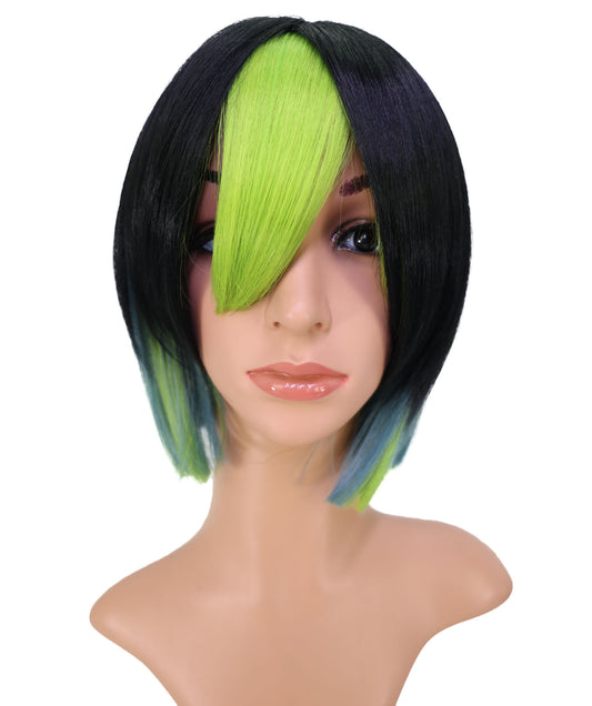 Wigs2you C-187 女性用コスプレウィッグ、黒と緑、ショート、ストレート、10インチ、フルウィッグ、耐熱ファイバー、キャップレス、ハロウィン、コスチューム、イベント、パーティーに最適