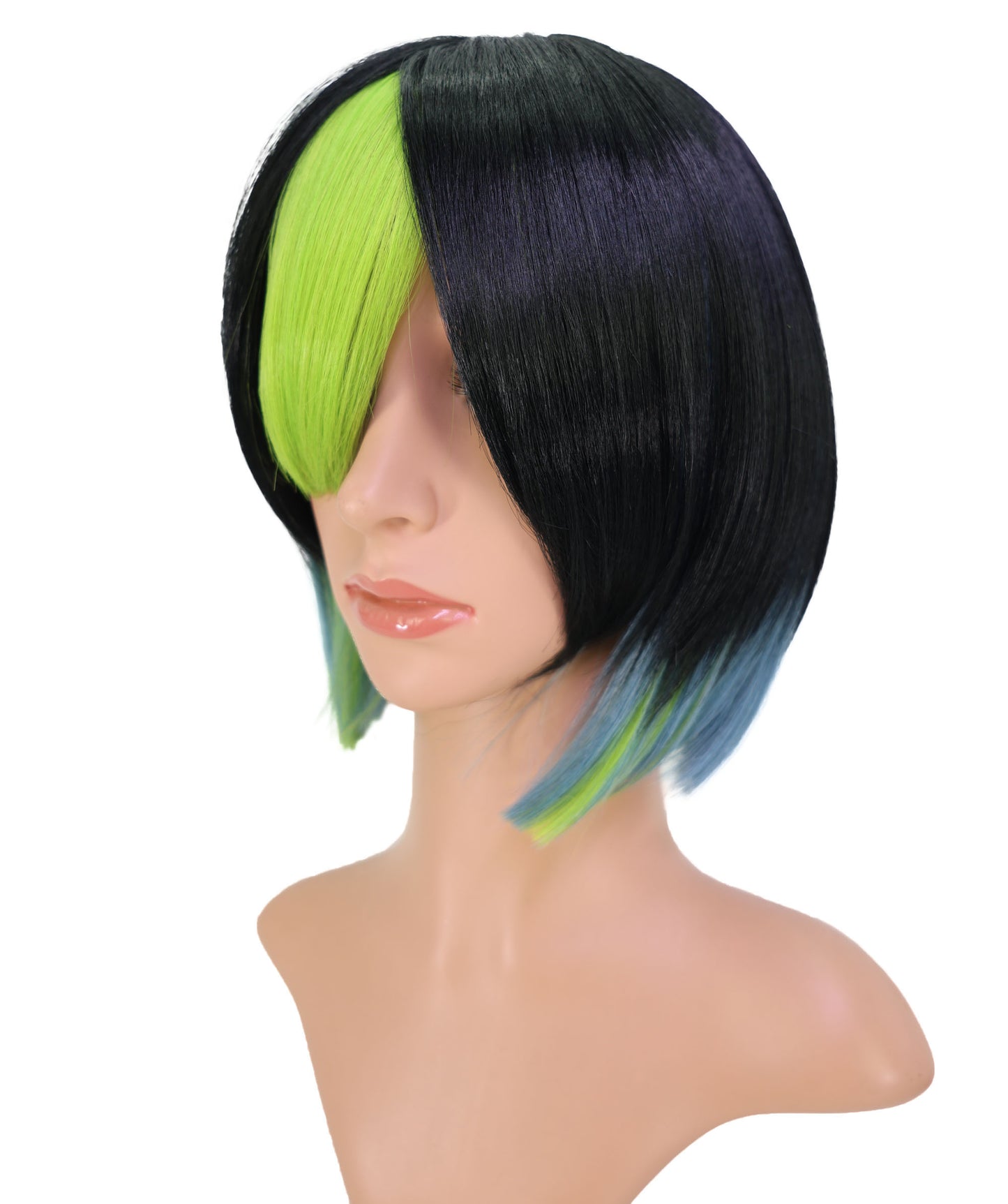 Wigs2you C-187 女性用コスプレウィッグ、黒と緑、ショート、ストレート、10インチ、フルウィッグ、耐熱ファイバー、キャップレス、ハロウィン、コスチューム、イベント、パーティーに最適