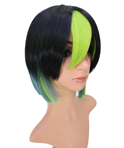 Wigs2you C-187 女性用コスプレウィッグ、黒と緑、ショート、ストレート、10インチ、フルウィッグ、耐熱ファイバー、キャップレス、ハロウィン、コスチューム、イベント、パーティーに最適