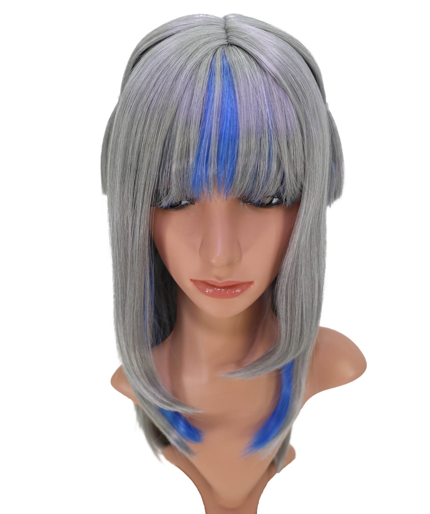 Wigs2you C-188 女性用コスプレウィッグ、グレーとブルー、ロング、ストレート、21インチ、フルウィッグ、耐熱ファイバー、キャップレス、ハロウィン、コスチューム、イベント、パーティーに最適