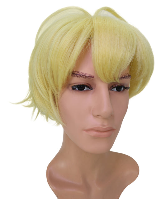 Wigs2you C-236 男性用コスプレウィッグ（10インチ・ゴールデンイエロー）― ショートレイヤー・アニメ風コスチュームウィッグ（サイドに流した前髪付き）