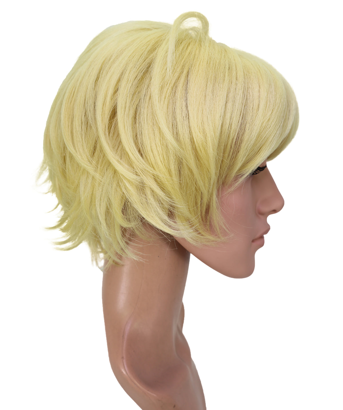 Wigs2you C-236 男性用コスプレウィッグ（10インチ・ゴールデンイエロー）― ショートレイヤー・アニメ風コスチュームウィッグ（サイドに流した前髪付き）