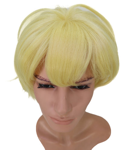 Wigs2you C-236 男性用コスプレウィッグ（10インチ・ゴールデンイエロー）― ショートレイヤー・アニメ風コスチュームウィッグ（サイドに流した前髪付き）