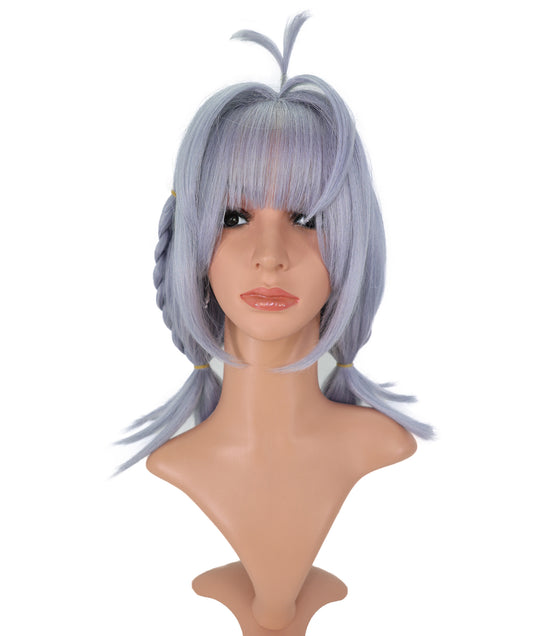 Wigs2you C-239 男性用コスプレウィッグ（20インチ・アッシュグレー）― レイヤー入り・三つ編み付きアニメ風ヘア ― 耐熱仕様・スタンダードキャップ