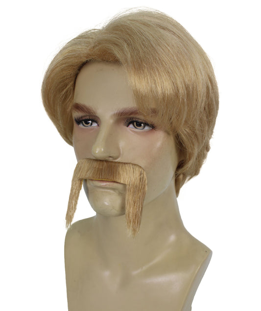男性用 H-6131 格闘家チャック ブロンド ウィッグ 口ひげ付き 通気性 キャップレス キャップ 難燃性合成繊維