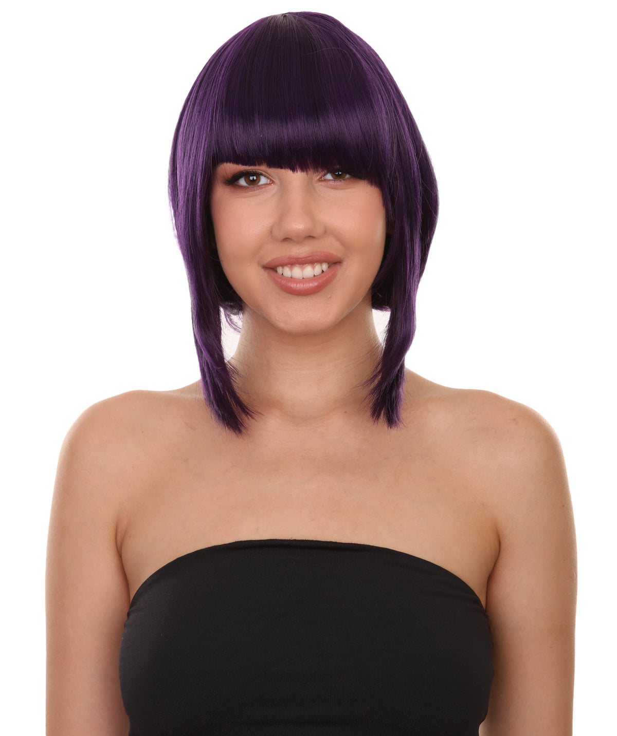 Wigs2you C-219 レディース ボブウィッグ パープル ショート 14インチ アシンメトリー 前髪 コスプレウィッグ アニメ風 フルウィッグ キャップレス 耐熱 ハロウィン 仮装 イベント