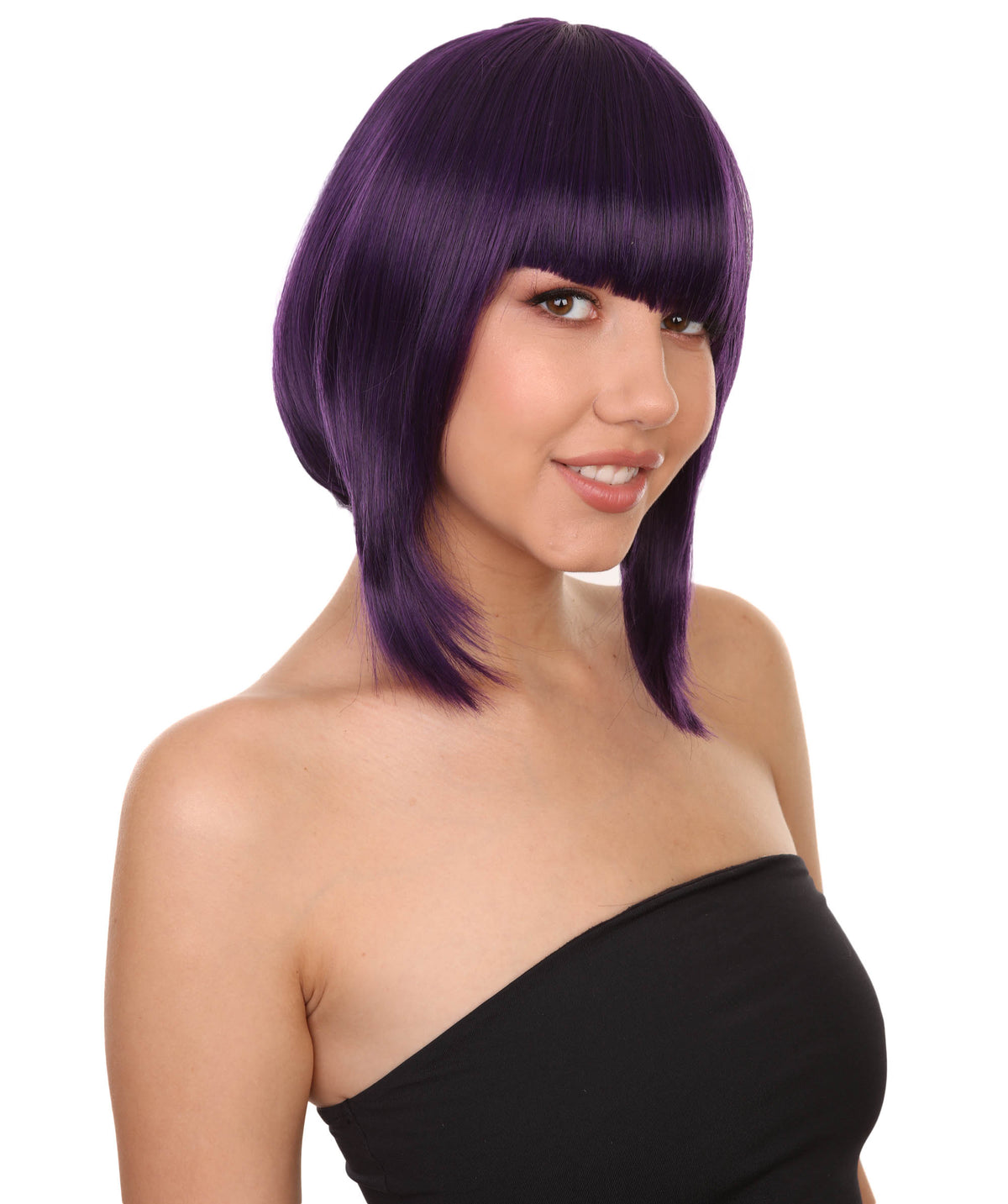 Wigs2you C-219 レディース ボブウィッグ パープル ショート 14インチ アシンメトリー 前髪 コスプレウィッグ アニメ風 フルウィッグ キャップレス 耐熱 ハロウィン 仮装 イベント