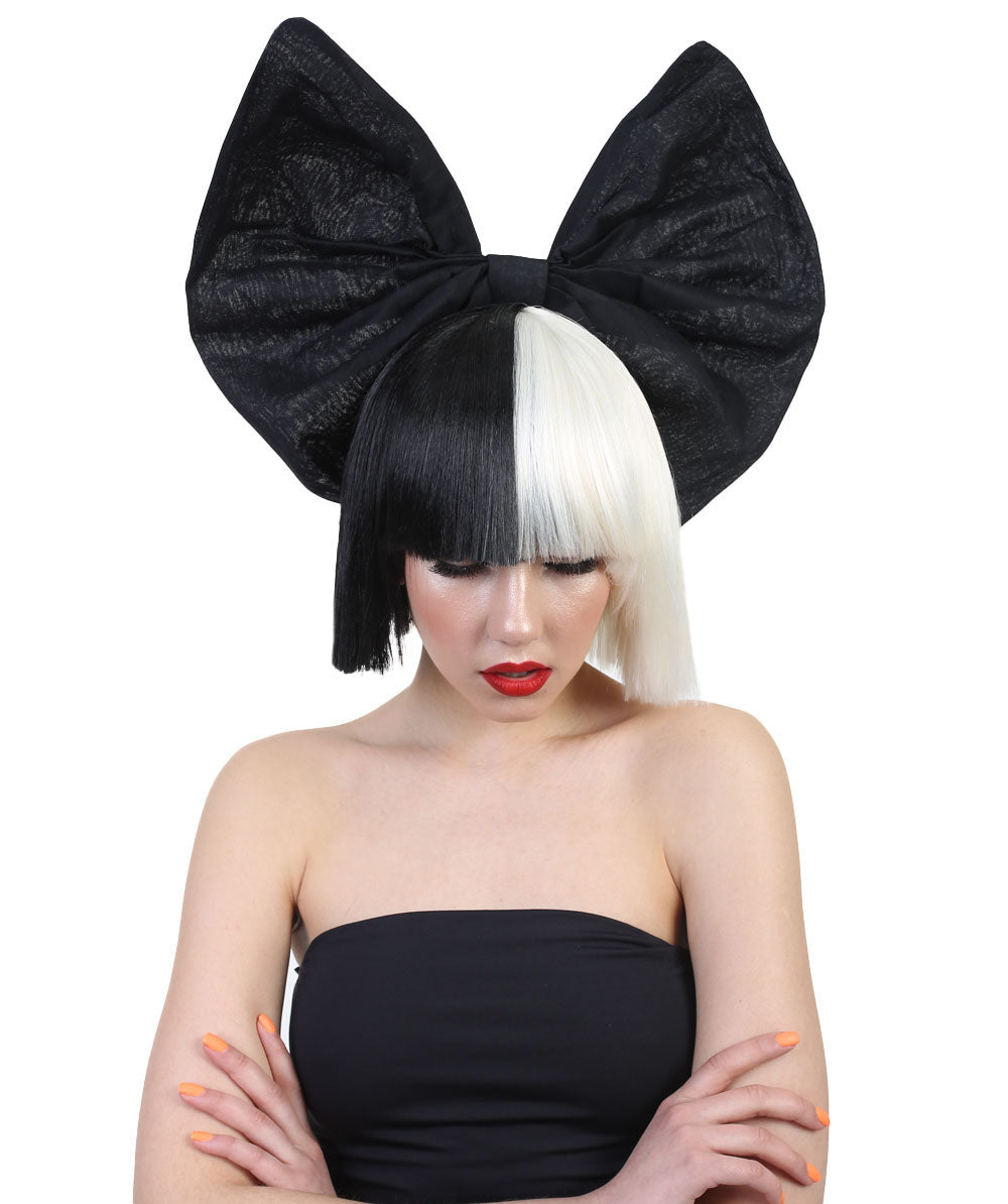 Wigs2you ハロウィンパーティープレミアムレディース SIA ブラックとホワイトウィッグ 黒いリボン H-518