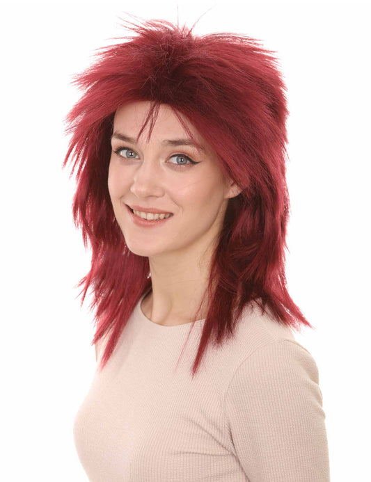 Wigs2you ハロウィン パーティー プレミアム H-1306 簡単に着用でき 快適なフィット感 80 年代女性バーガンディ ロッカー スタイルウィッグ
