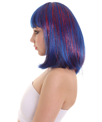 ハロウィンパーティー H-5216 ティンセルボブ チンレングスウィッグ ティンセルハイライト付き ブルー＆パープル プレミアム通気性キャップレスキャップ