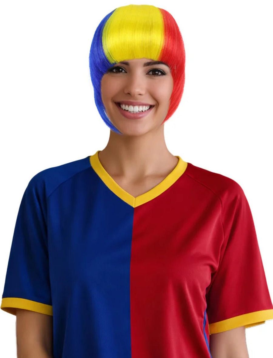 Wigs2you F-015 女性用ルーマニア国旗フリンジウィッグ - 青、黄、赤のボブカット人工毛（コスプレ＆スポーツファン向け）