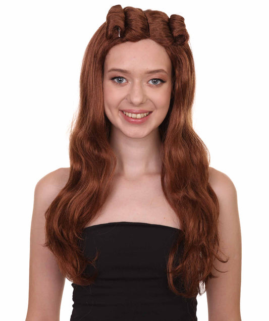 大人の女性用 H-1725 80年代ビューティーガール ブラウンカールウィッグ プレミアム通気性キャップレスキャップ