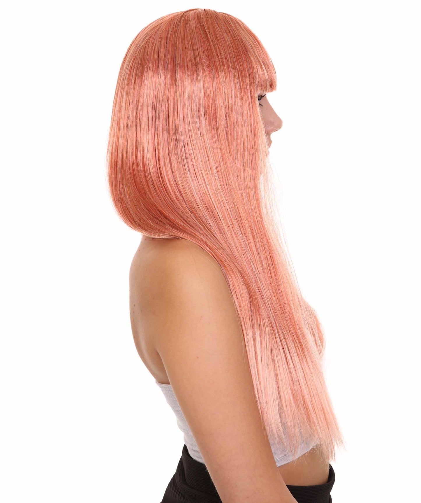 ロングボブピーチ女性用ウィッグ H-3338 華やかなパーティーイベント準備完了のハロウィンウィッグ プレミアム通気性のあるキャップレスキャップ