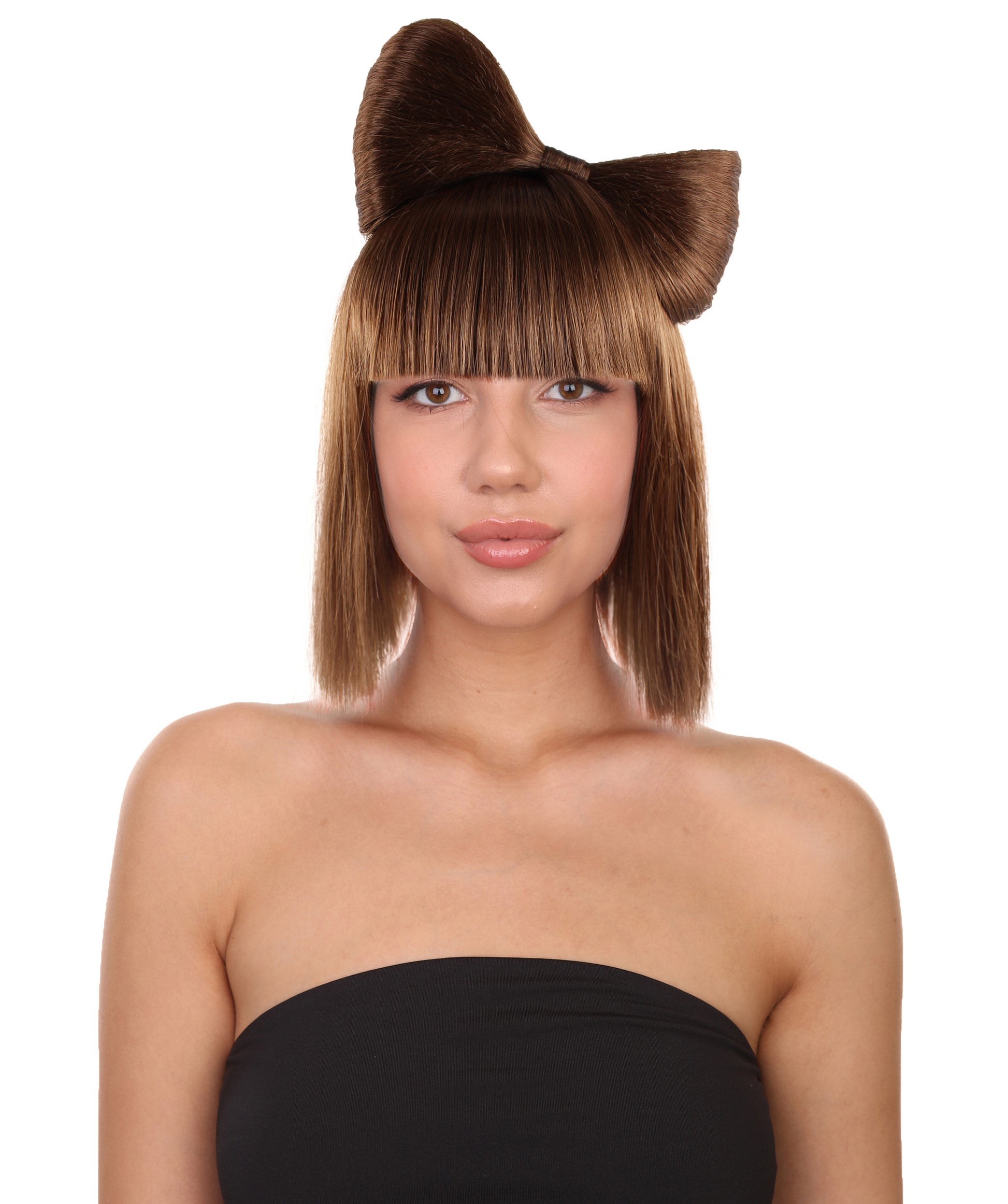 大人の女性用ブラウンのバタフライリボンウィッグ H-1675 セレブ用ウィッグ ハロウィン用 プレミアム通気性キャップレスキャップ