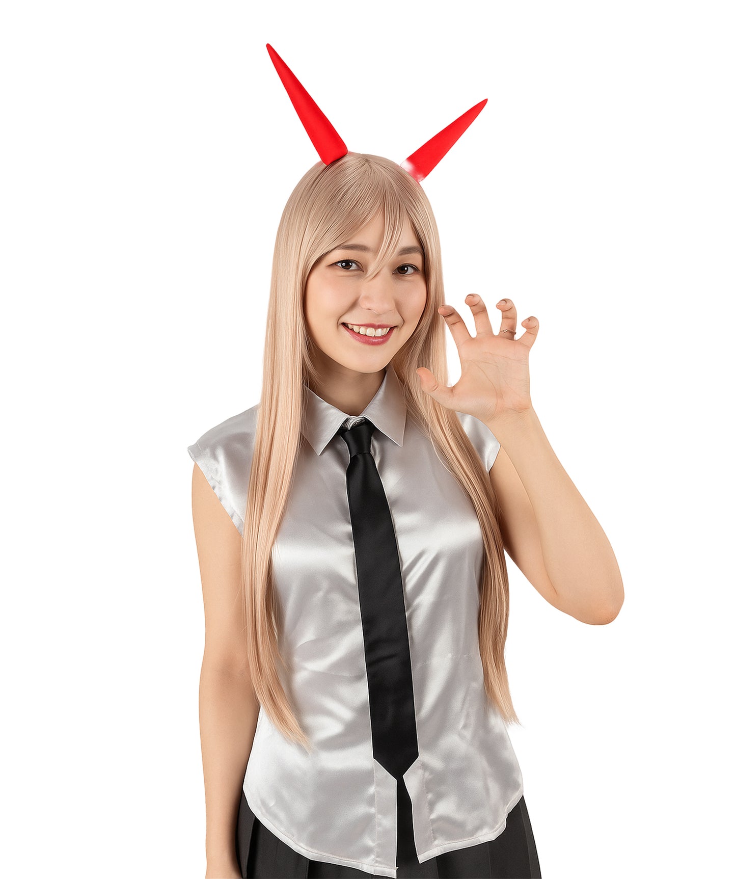 大人向け女性用 H-5812 チェーンソー マンガ アニメ デビル ガール ブロンド ウィッグ（角付き） ハロウィンおよびアニメテーマのグループパーティに最適 難燃性合成ファイバー