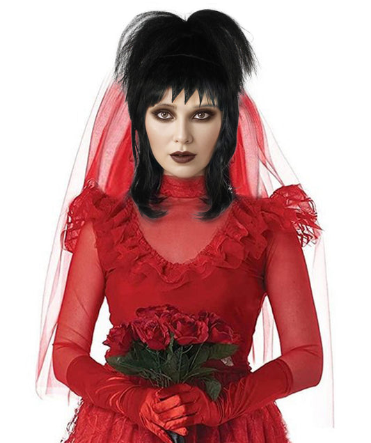 女性用 H-6012 ゴシック ブライド ミディアム ブラック ウィッグ 前髪付き ハロウィンに最適 難燃性合成繊維