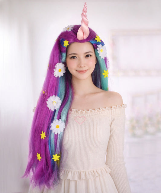 Wigs2you H-6947 大人女性用ロングフェアリーテイルパープルウィッグ（角付き）I ユニコーンコスプレウィッグ I 難燃性合成繊維