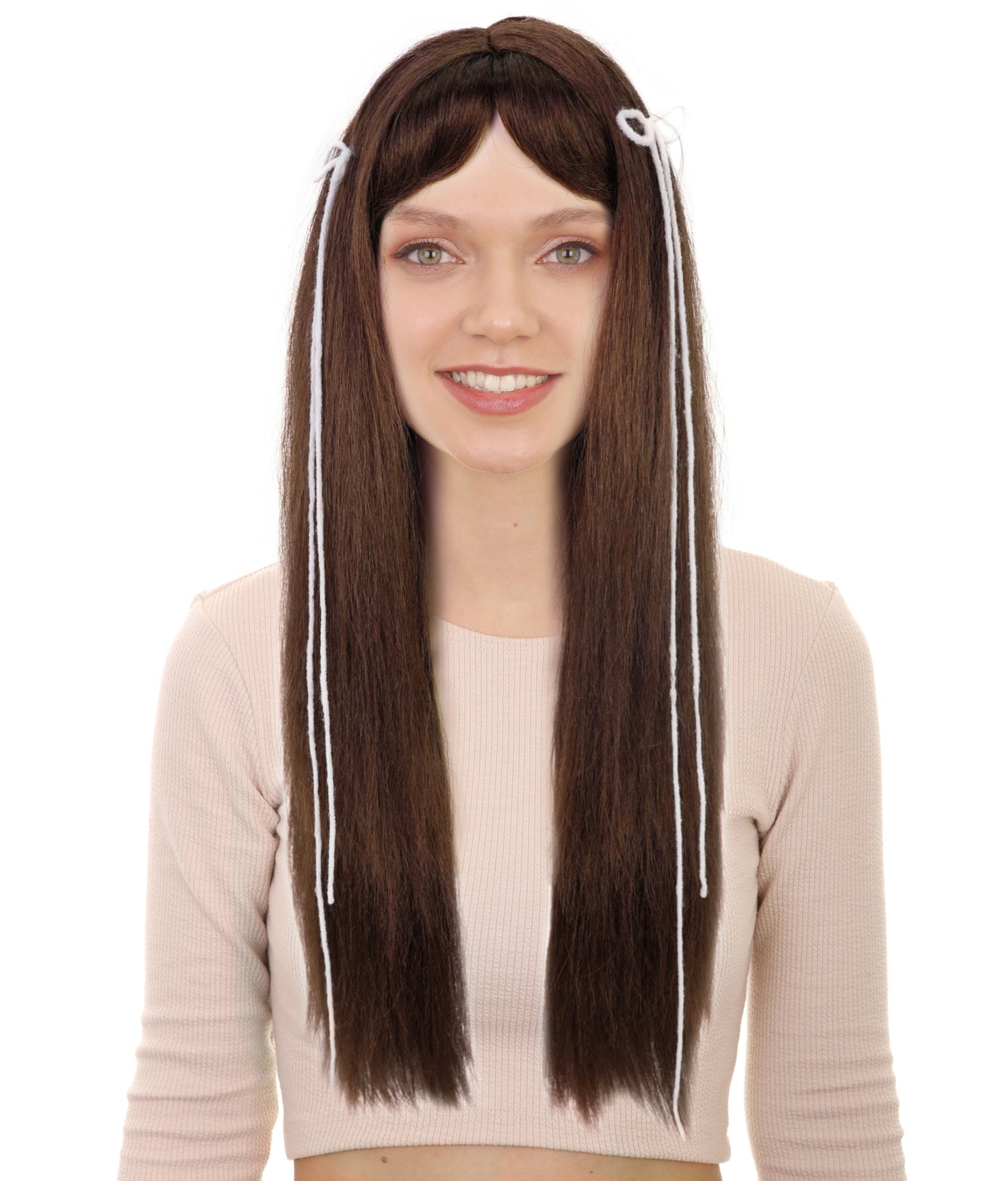 Wigs2you H-6969 大人女性用エレガントなロングブラウンウィッグ（ハイライトとカーテンバング付き）｜ナチュラルストレートスタイル｜ハロウィンに最適｜通気性のあるキャップレスキャップ