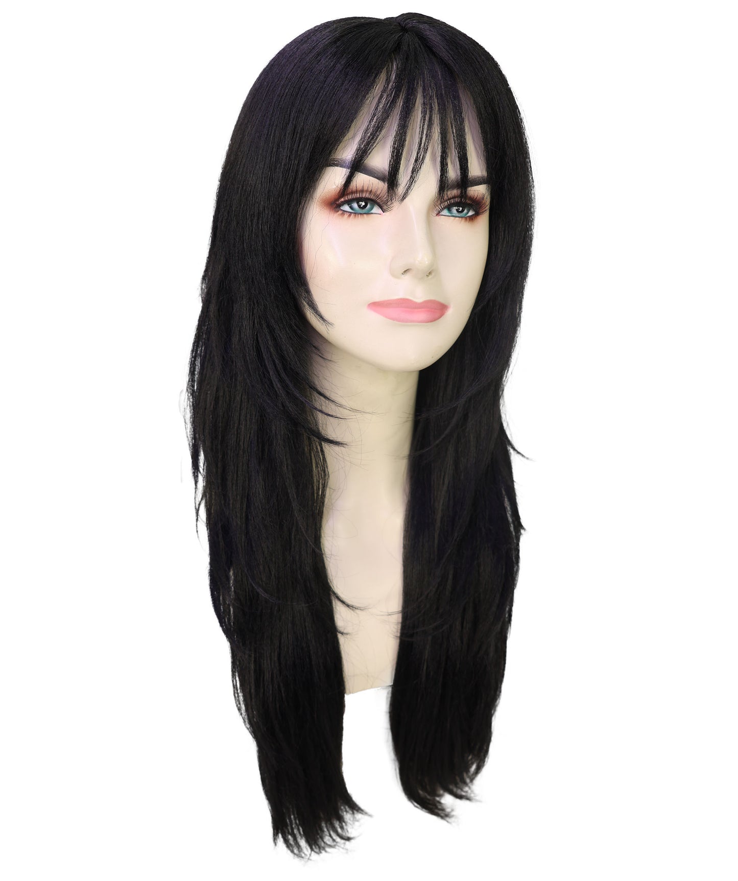 Wigs2you H-6970 レイヤーカットとふんわり前髪が特徴の大人女性用スリークブラックウィッグ｜セレブ風ロングヘア｜ハロウィンに最適｜通気性キャップ