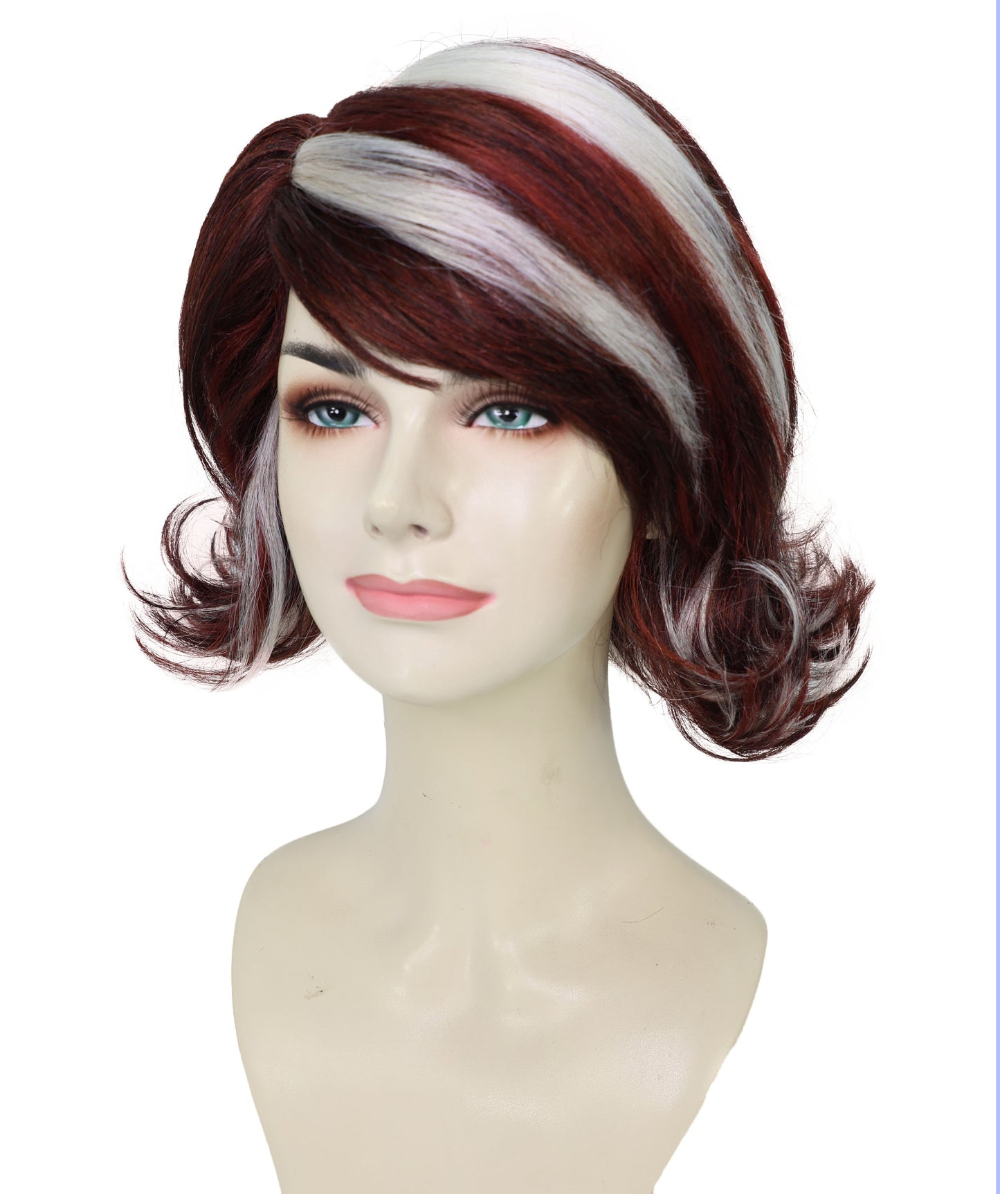 Wigs2you H-6974 大人女性用90年代風バーガンディ＆モカショートレイヤードウィッグ（シックなハイライト入り）｜レトログラムヘアピース｜ハロウィンに最適｜通気性のあるキャップレスキャップ