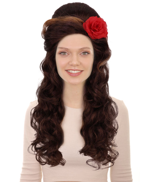 Wigs2you H-6975 大人用レディース レトロブラウン ビーハイブウィッグ レッドフラワー付き | 80年代ヴィンテージグラムロングカーリーヘアピース コスチューム&パーティー用 | ハロウィンに最適 | 通気性のあるキャップレスキャップ