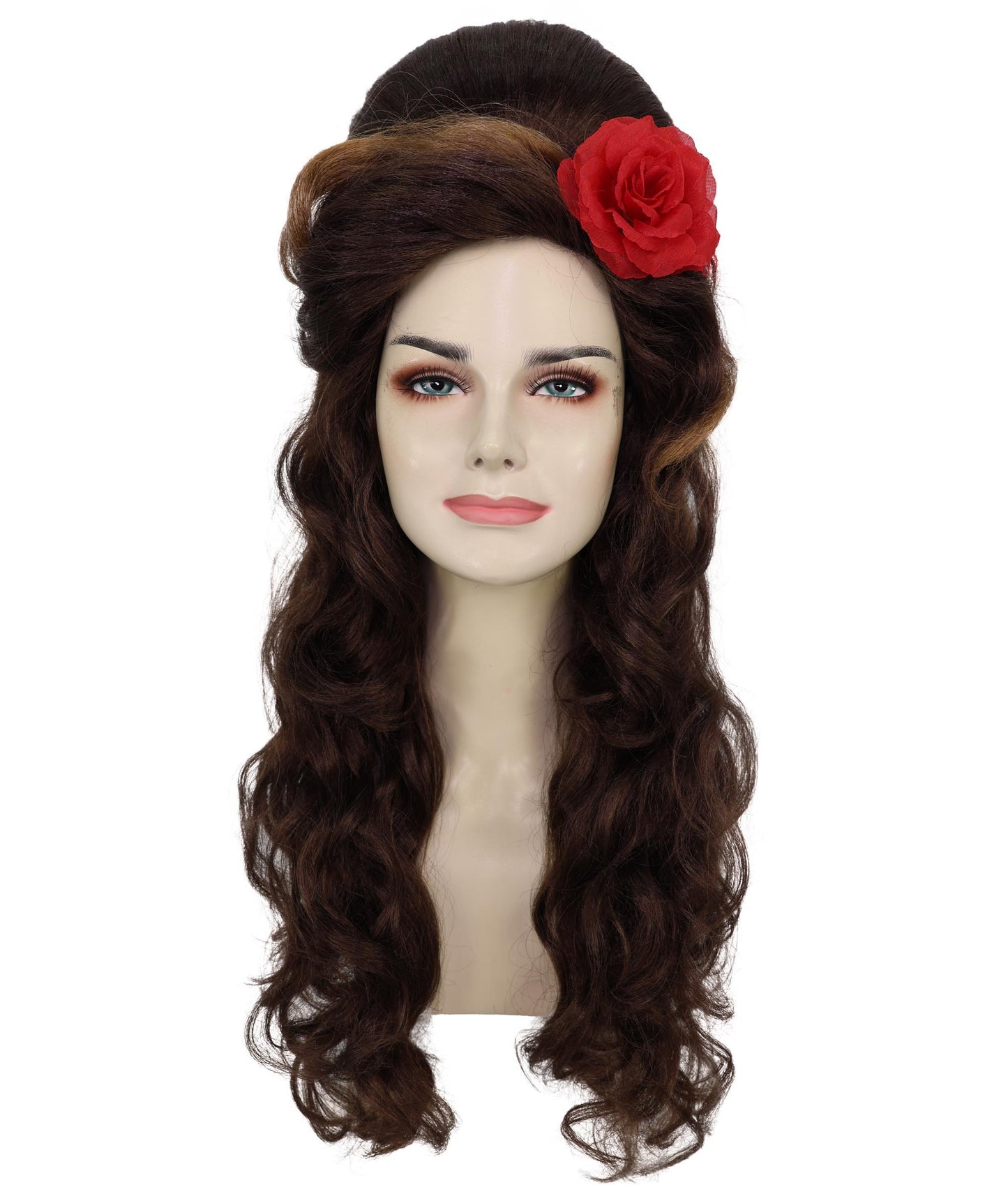 Wigs2you H-6975 大人用レディース レトロブラウン ビーハイブウィッグ レッドフラワー付き | 80年代ヴィンテージグラムロングカーリーヘアピース コスチューム&パーティー用 | ハロウィンに最適 | 通気性のあるキャップレスキャップ