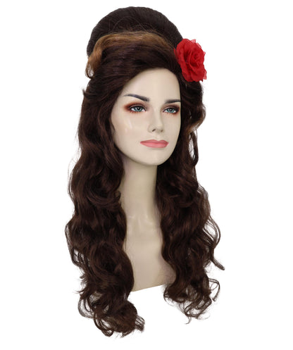 Wigs2you H-6975 大人用レディース レトロブラウン ビーハイブウィッグ レッドフラワー付き | 80年代ヴィンテージグラムロングカーリーヘアピース コスチューム&パーティー用 | ハロウィンに最適 | 通気性のあるキャップレスキャップ