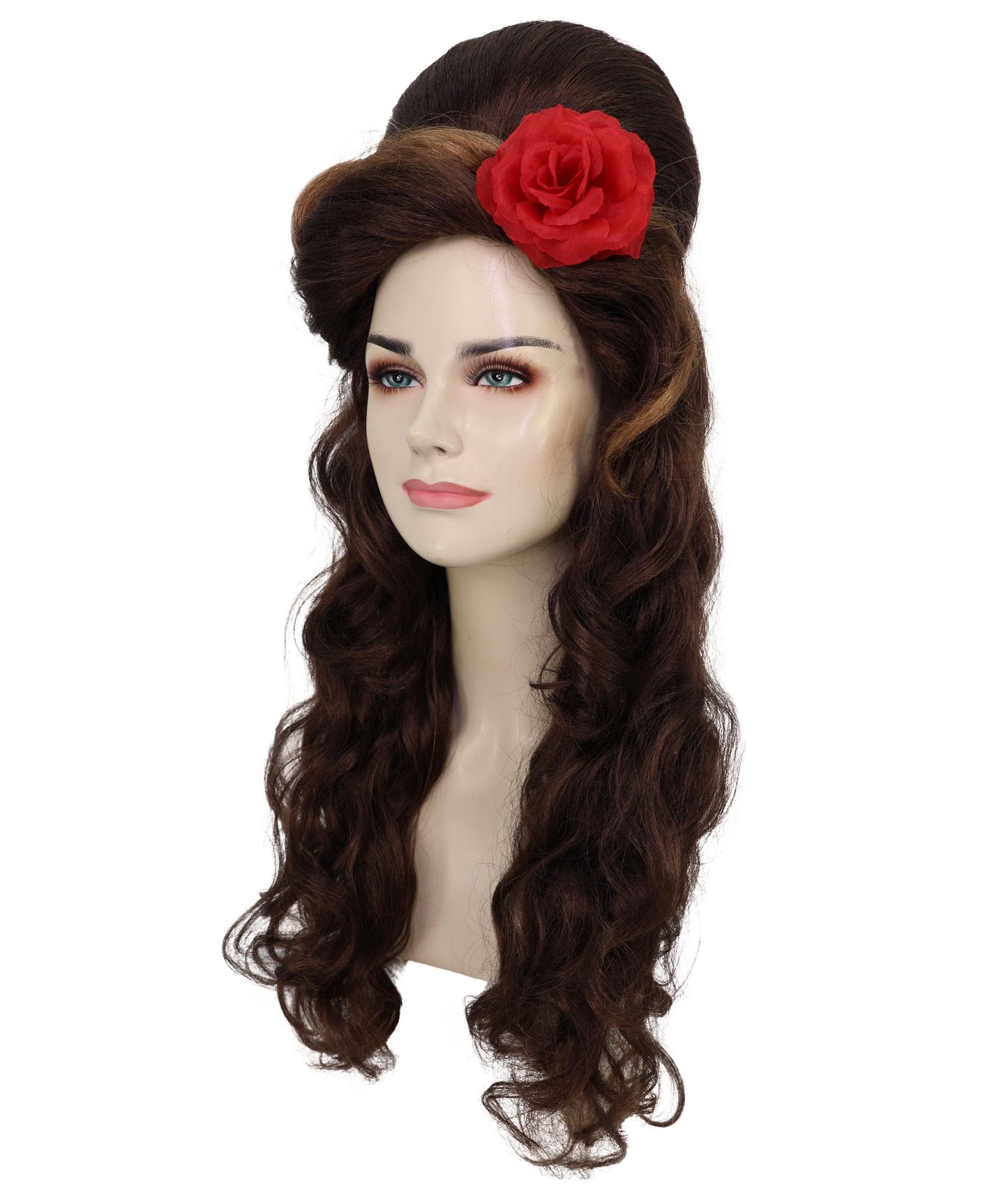 Wigs2you H-6975 大人用レディース レトロブラウン ビーハイブウィッグ レッドフラワー付き | 80年代ヴィンテージグラムロングカーリーヘアピース コスチューム&パーティー用 | ハロウィンに最適 | 通気性のあるキャップレスキャップ