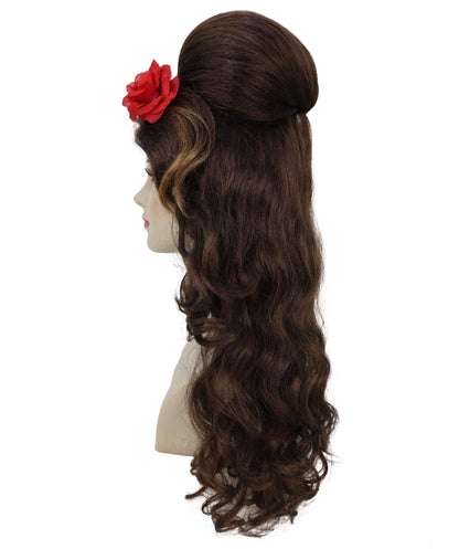 Wigs2you H-6975 大人用レディース レトロブラウン ビーハイブウィッグ レッドフラワー付き | 80年代ヴィンテージグラムロングカーリーヘアピース コスチューム&パーティー用 | ハロウィンに最適 | 通気性のあるキャップレスキャップ
