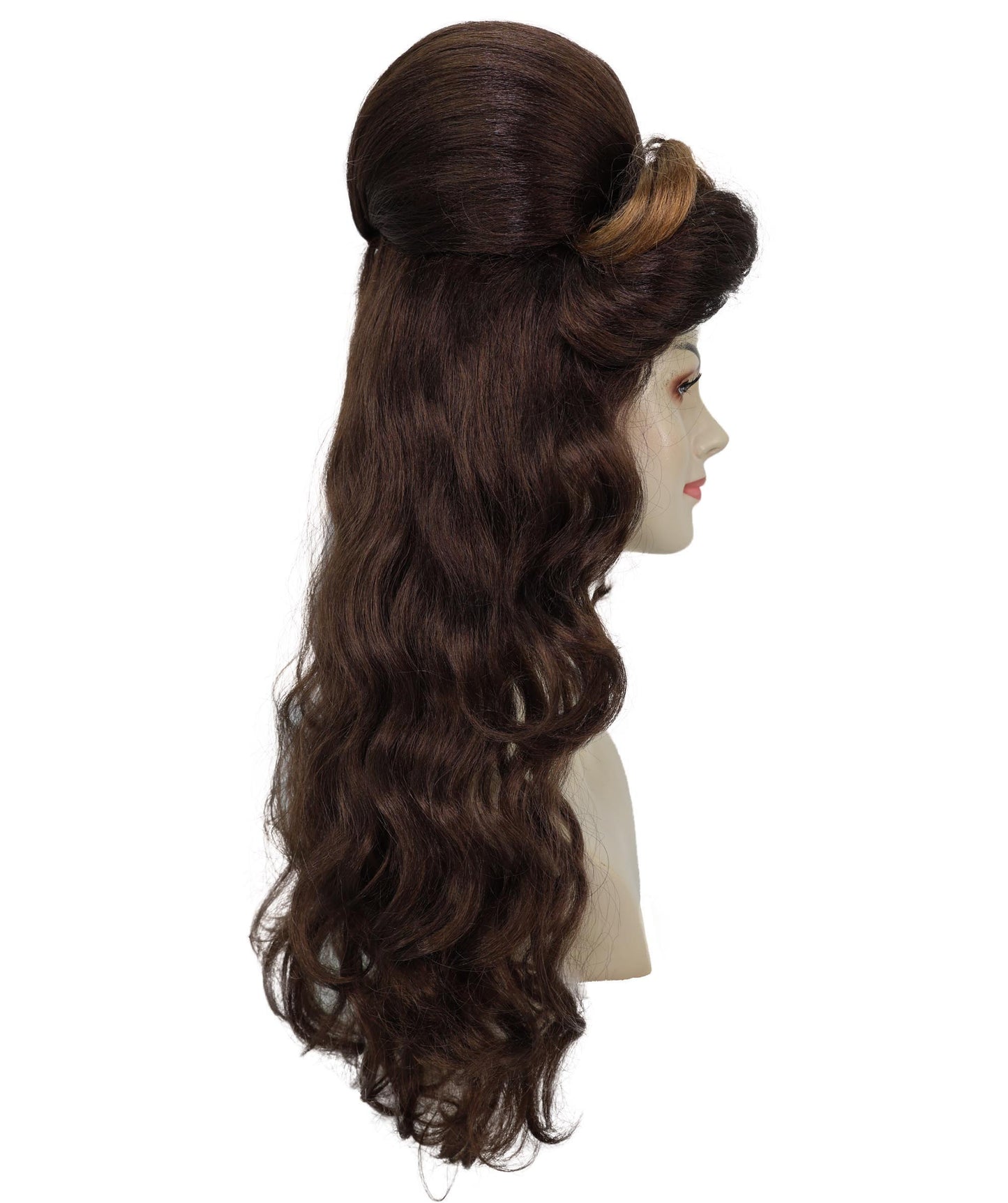 Wigs2you H-6975 大人用レディース レトロブラウン ビーハイブウィッグ レッドフラワー付き | 80年代ヴィンテージグラムロングカーリーヘアピース コスチューム&パーティー用 | ハロウィンに最適 | 通気性のあるキャップレスキャップ