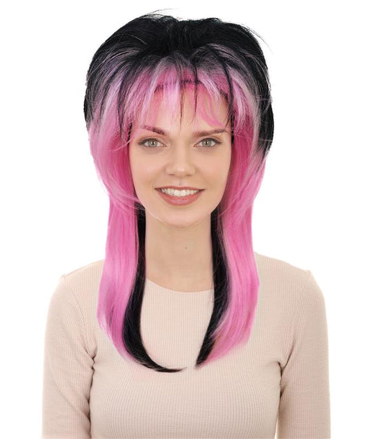 Wigs2you H-6979 大人女性用80年代ロックスターウィッグ｜ハロウィンやテーマパーティーにぴったりのブラック＆ピンクのレイヤーヘア｜通気性のあるキャップレスキャップ