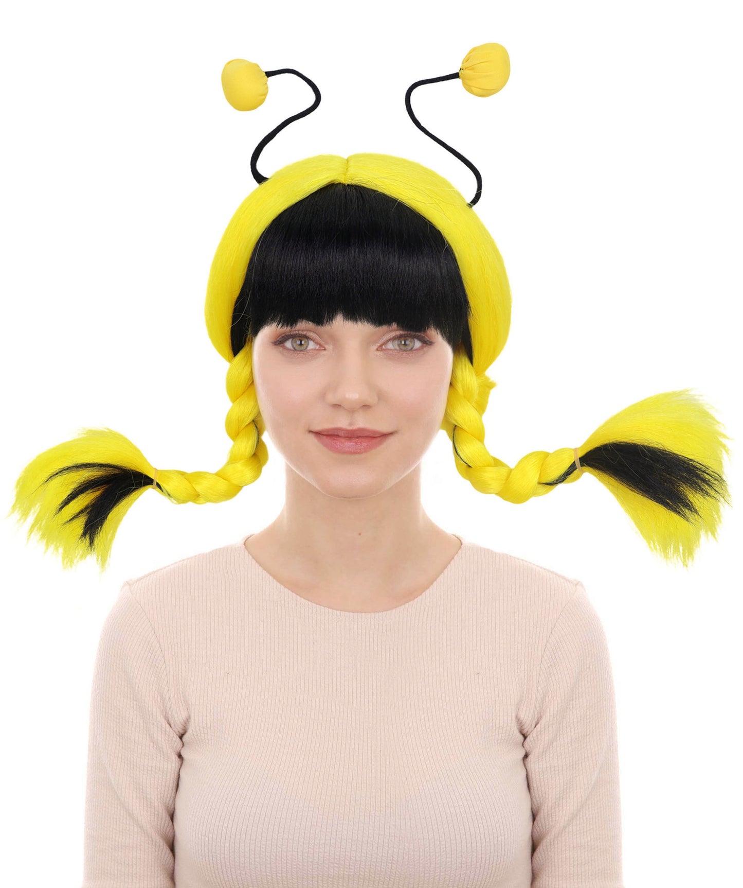 Wigs2you H-6980 大人用ビーマインウィッグ | 黒と黄色のストライプ柄ボブウィッグ、アンテナヘッドバンド付き。女性とティーン向け。蜂のコスチューム、ハロウィン、フェスティバルイベントに最適。