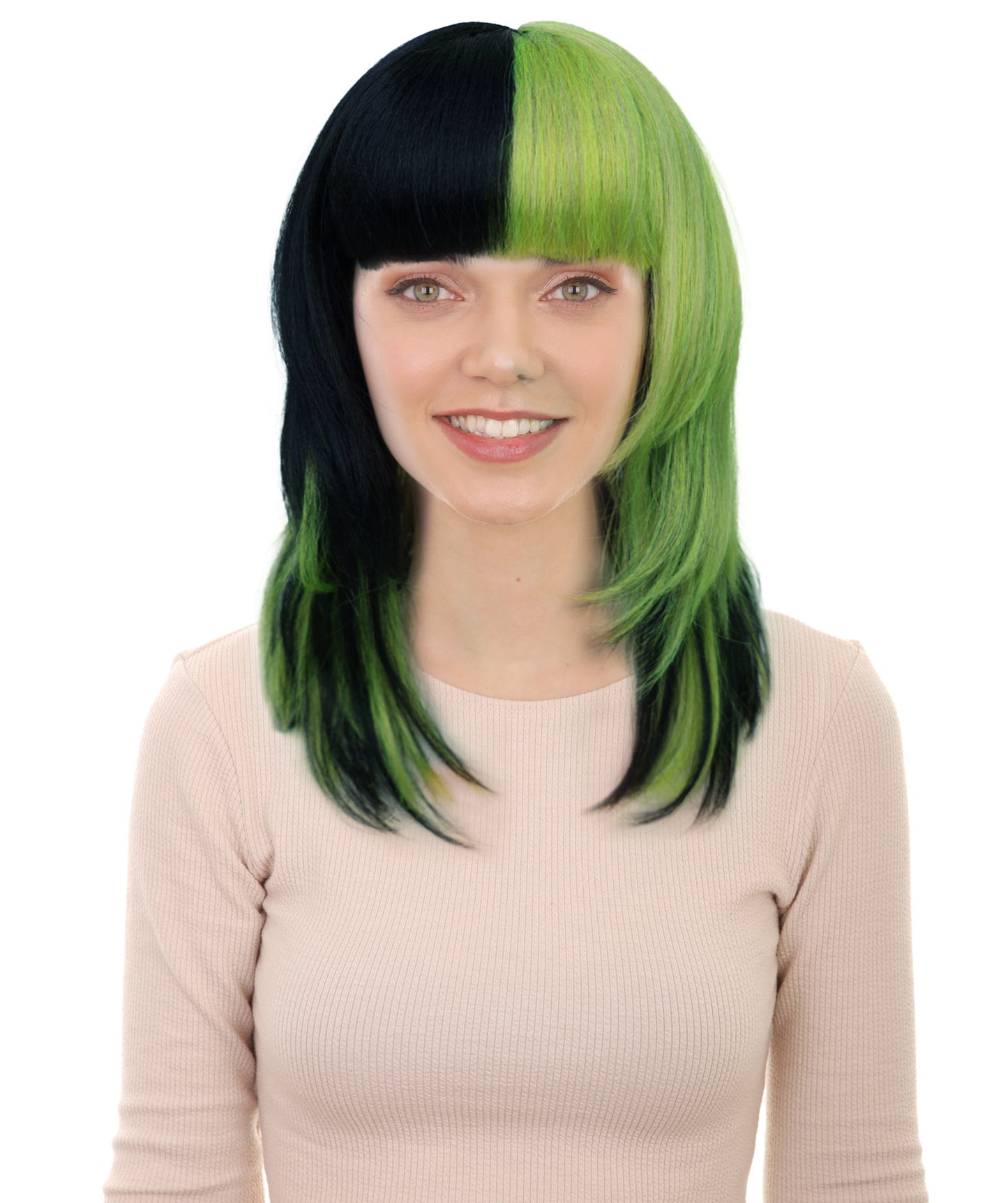 Wigs2you H-6981 女性用前髪付きショートロリータストレートウィッグ（大人用）｜グリーン＆ブラックのハイライト入り合成繊維ウィッグ｜普段使いにもハロウィンにも使える通気性の良いキャップ