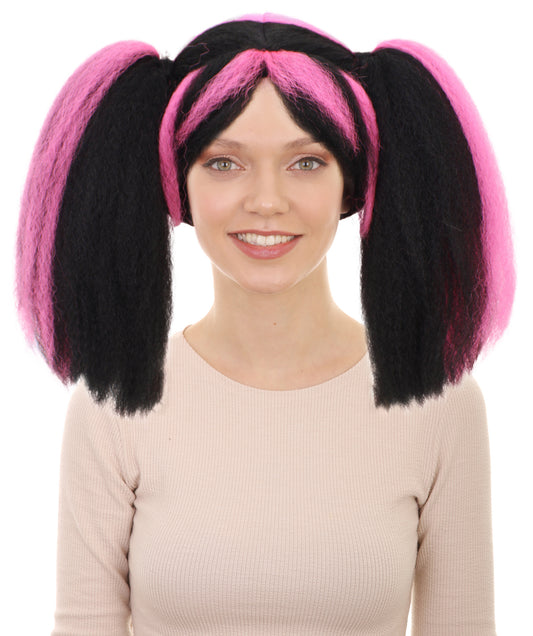 Wigs2you H-6982 大人女性用スチームパンクウィッグ（黒ベースに鮮やかなピンクのストライプ入りポニーテール）｜合成難燃性繊維