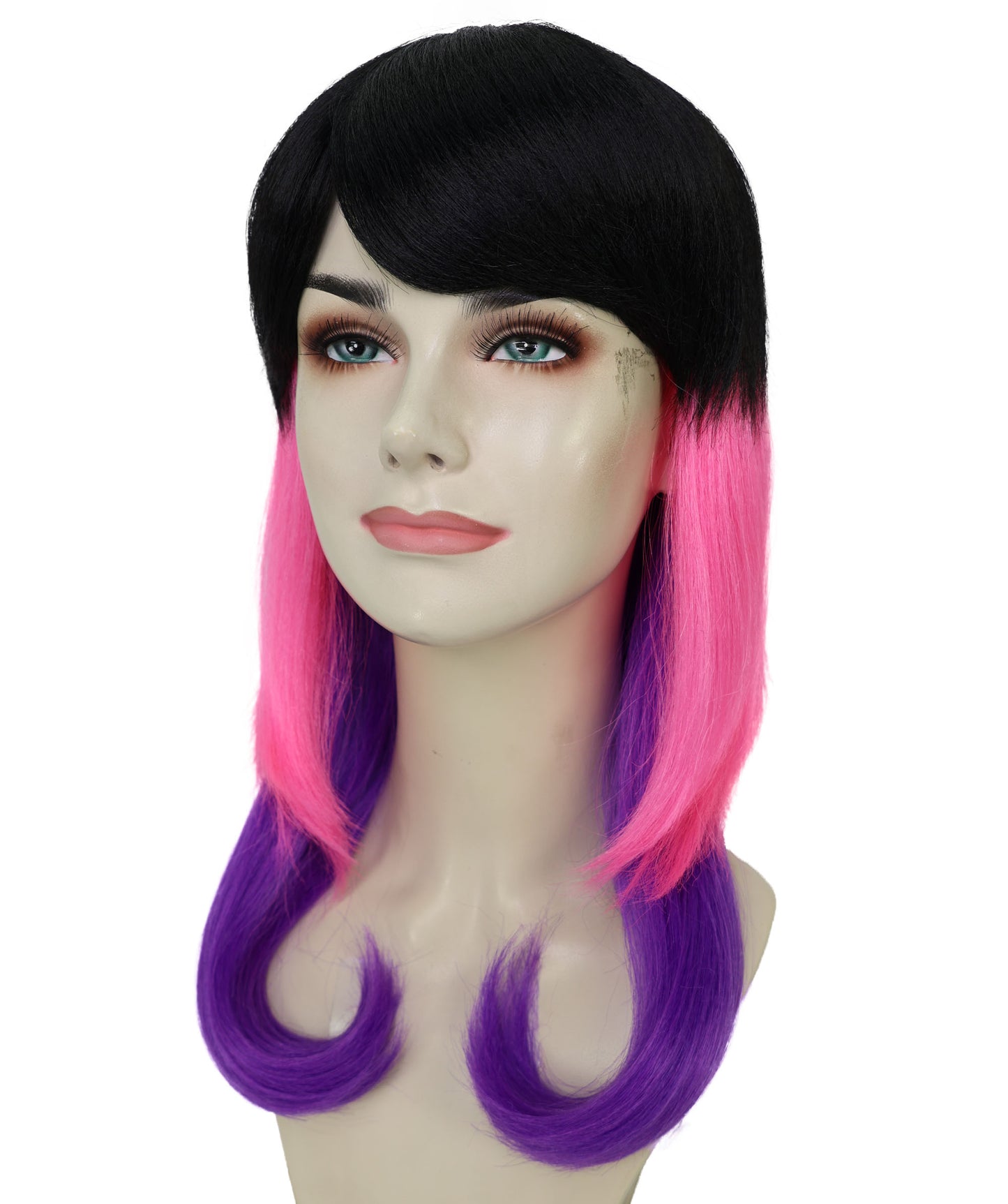 Wigs2you H-6983 大人用ユニセックス 3色フルーツパンチウィッグ | 鮮やかなブラック、ピンク、バイオレット、フレームミックス | 合成難燃性ヘア | キャップレスキャップ | ハロウィンフェスティバルウィッグ