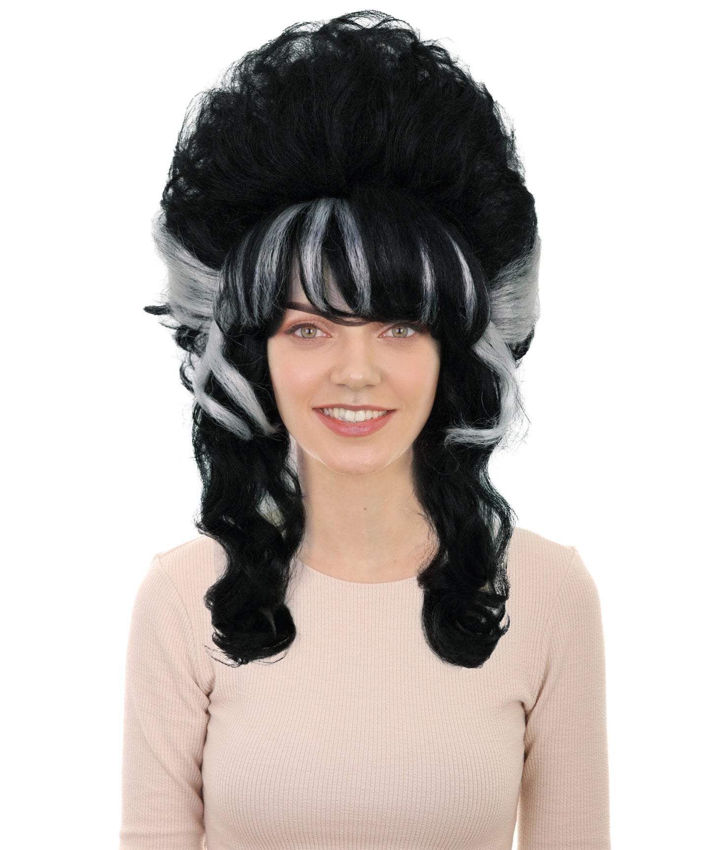 Wigs2you H-6984 女性用大人用フランケンシュタイン・ビーハイブウィッグ｜白い縞模様のハロウィンアップウィッグ｜黒の人工毛｜難燃性｜キャップレスキャップ｜ホラー花嫁コスチュームウィッグ